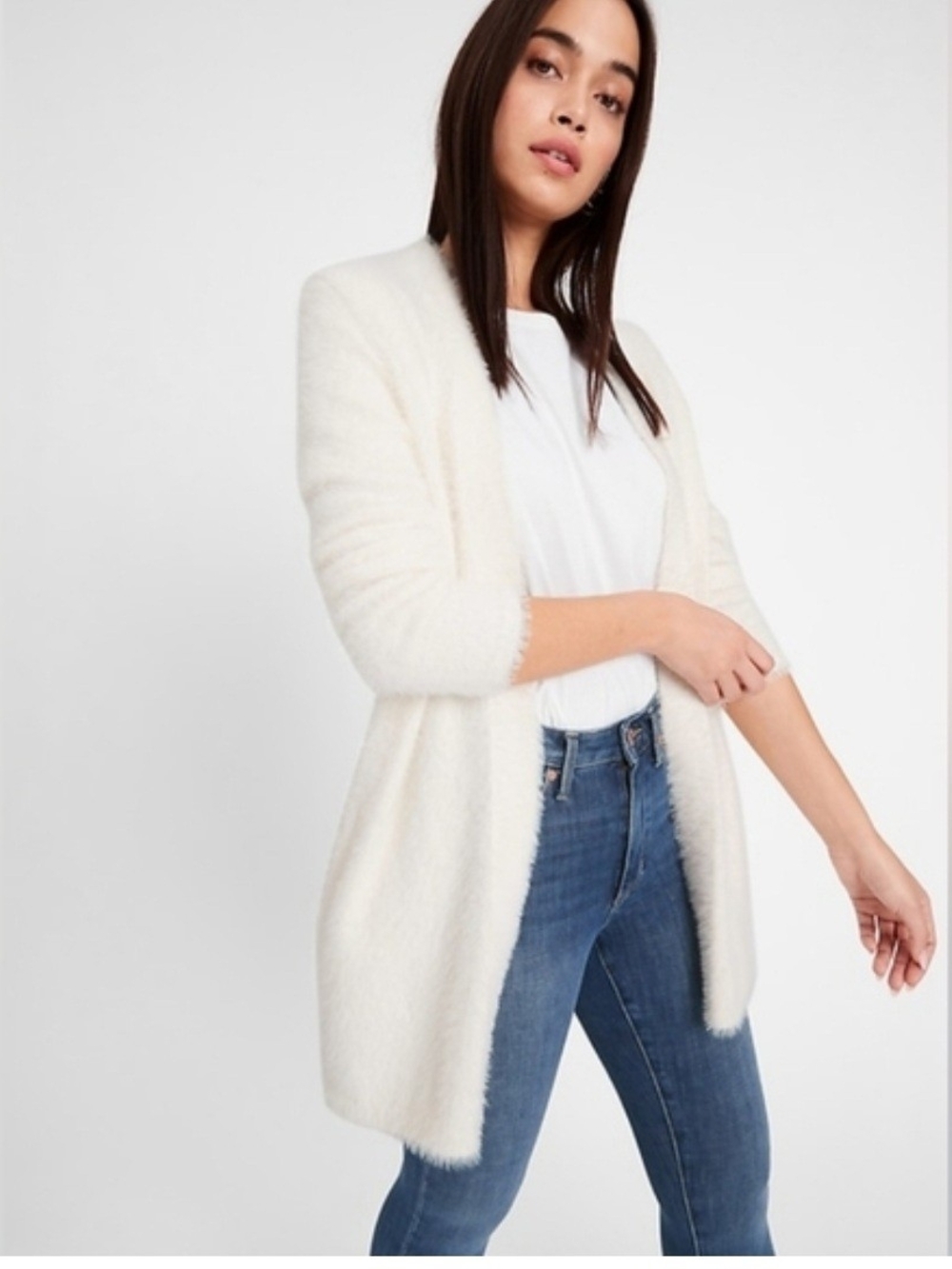 Banana Republic Cream Open-Front Fuzzy Cardigan